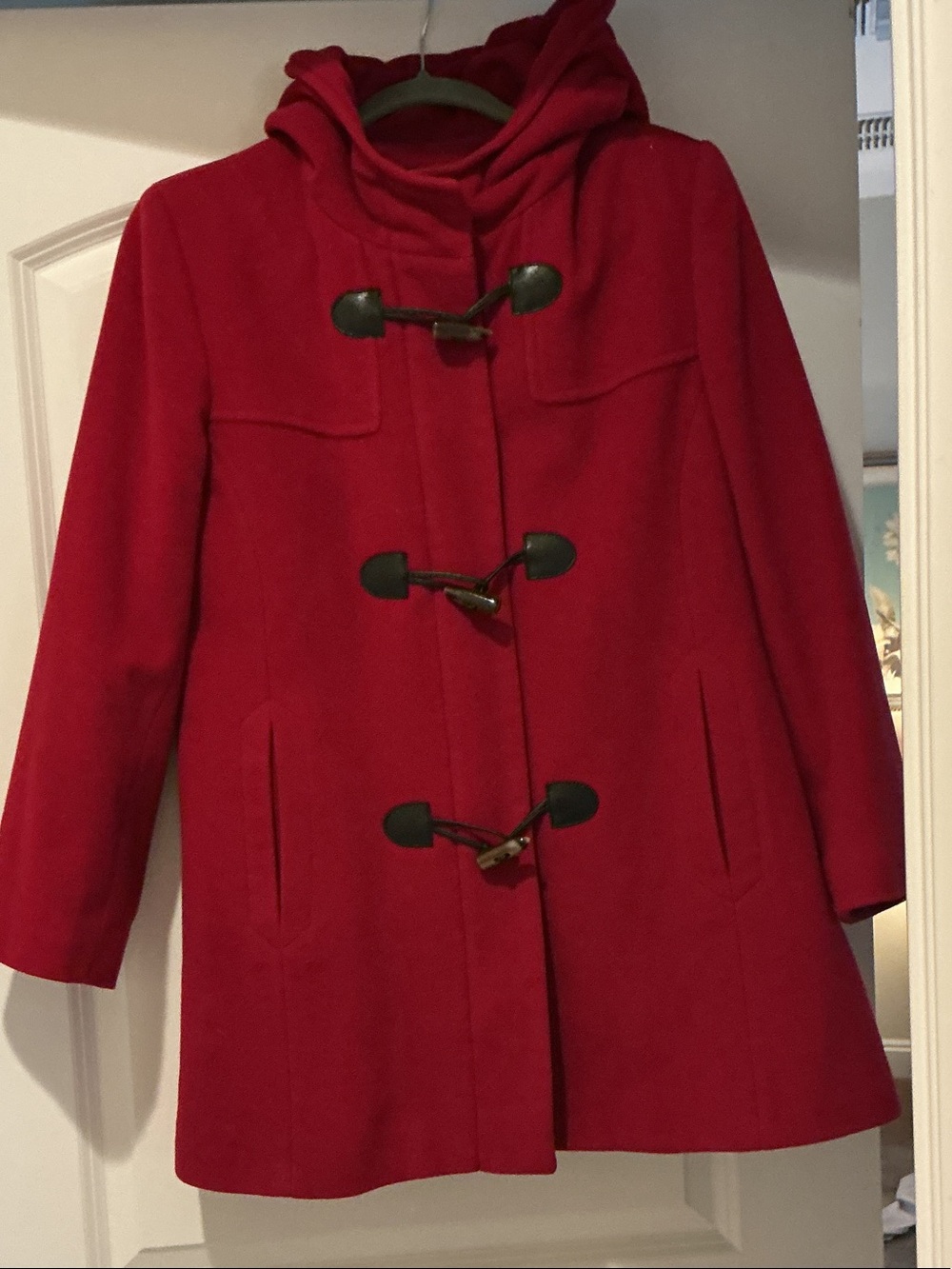 Red Hooded Toggle Coat - Women With Pockets